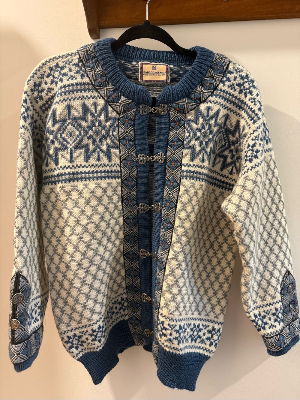 Dale of Norway Blue and Cream Norwegian Wool Cardigan
